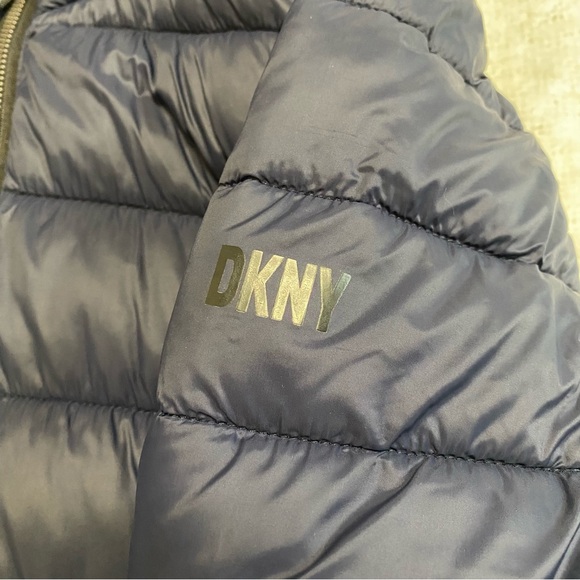 DKNY Womens Puffer Coat Size M Blue Thumb Holes Full Zip Hooded - Picture 6 of 14